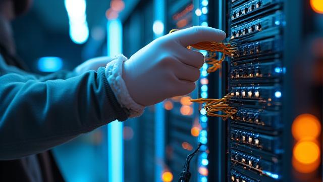 가상 데이터센터에서 서버 랙 마운트 및 네트워크 케이블링 작업을 하는 모습